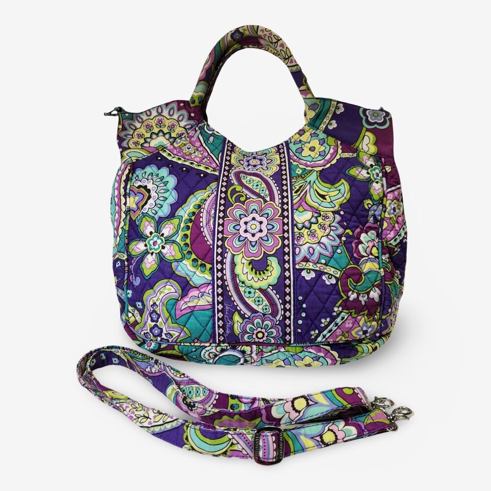 Vera Bradley Heather LG Convertible Tote Shoulder Bag Quilted Purse Purple Green